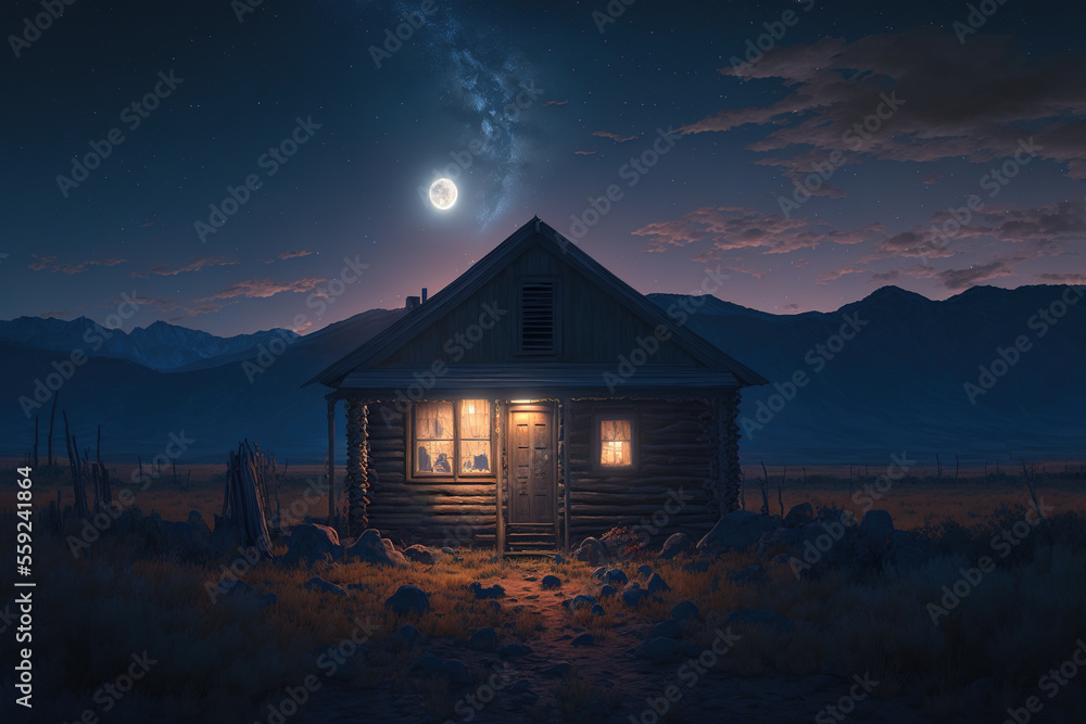 starry sky, hut, cabin, night, moon, window light, landscape, art illustration