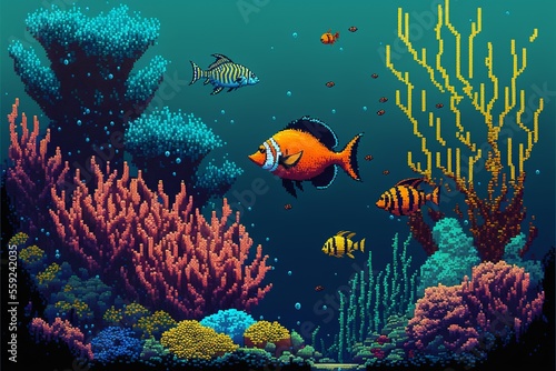 Coral fish painting, marine life, white background. Digital illustration AI