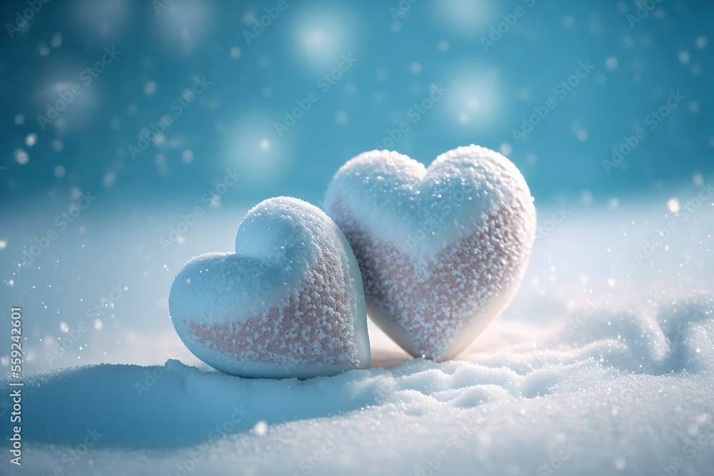 Fototapeta premium Valentine concept. Hearts made of snow on a winter background. Beautiful, romantic background. Gen Art