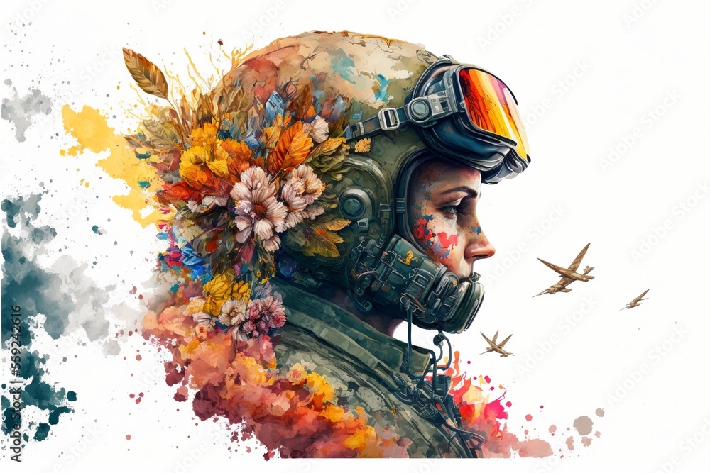 Illustration of pilot in helmet with flowers around, white background. AI