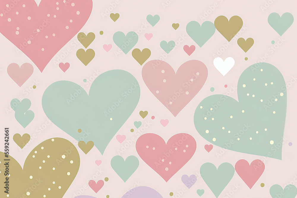 Valentine concept. Many different hearts in pastel colors on a beige background. Gen Art