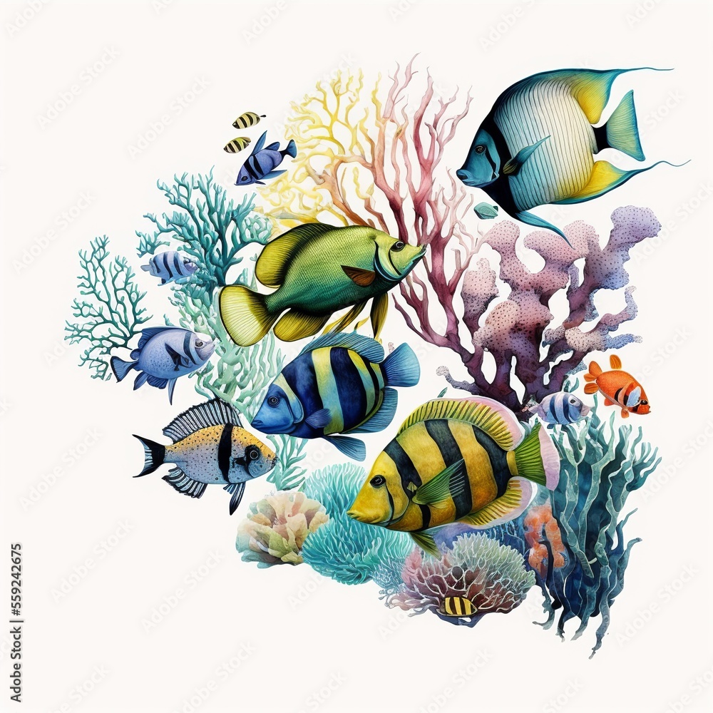 Coral fish painting, marine life, white background. Digital ...