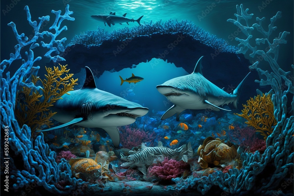 Seabed with sharks, fish and corals. Marine life. AI