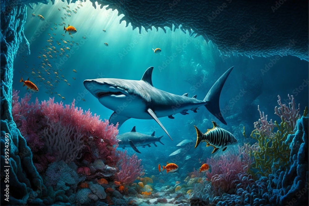 Fototapeta premium Seabed with sharks, fish and corals. Marine life. AI