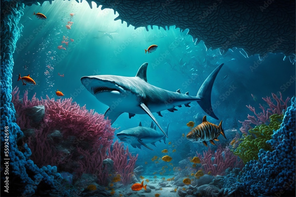 Seabed with sharks, fish and corals. Marine life. AI Seabed with sharks, fish and corals. Marine life. AI
