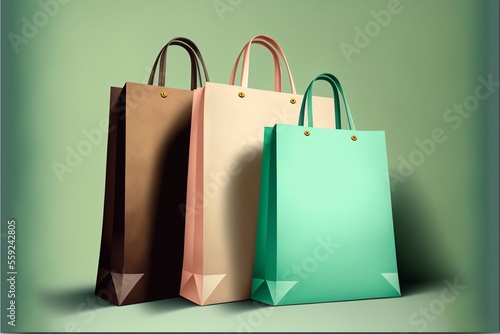 Shopping bags, green background. Digital illustration AI