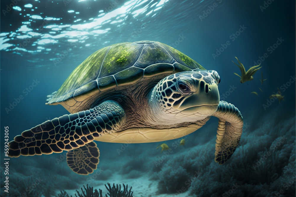 Fototapeta premium Turtle illustration on ocean background. AI