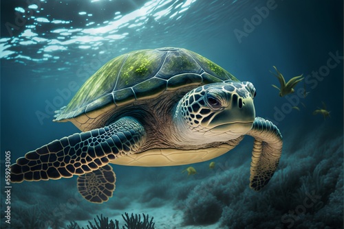 Turtle illustration on ocean background. AI