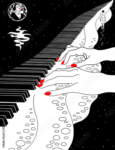 Women's hands play the piano. A metaphor. Sea.
