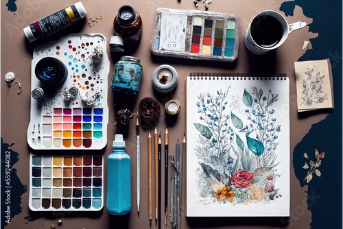 a table with a bunch of art supplies on it and a cup of coffee on top of it with a pen and a pencil in front of the picture of a bird and a flower.
