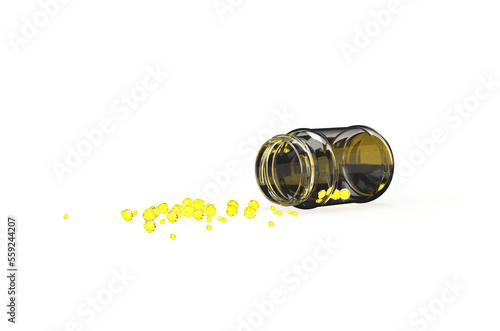 Glowing nuggets of gold poured out of a glass jar. Glowing gold on a transparent background. 3D Illustration on the theme of wealth, money, finance, games, treasures. Minimal style.