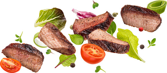 Falling steak salad ingredients isolated