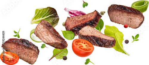 Falling steak salad ingredients isolated