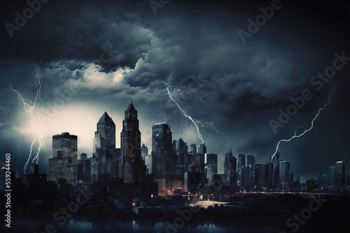 Thunderstorm on the city skyline. Lightning flashes on tall buildings. Generative AI