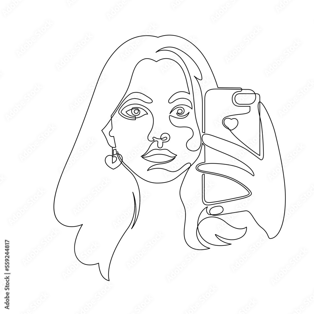 Portrait of a girl with a smartphone, takes a selfie. Abstract outline drawing by one line. Vector illustration. Portrait of a girl with a smartphone, takes a selfie. Abstract outline drawing by one line. Vector illustration.