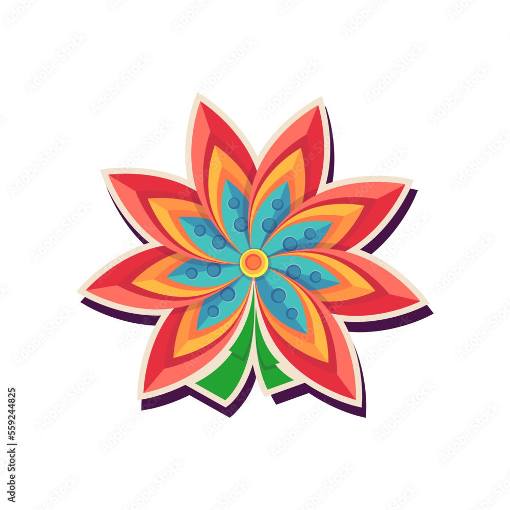 Scarlet decorative abstract paper cut flower. Sticker. Color vector illustration.