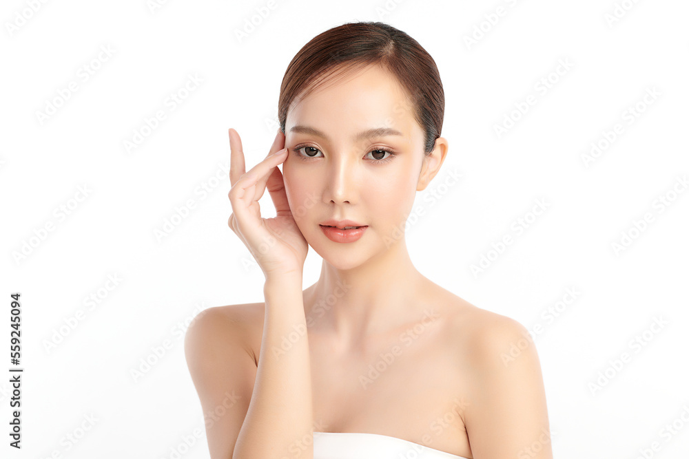 Beautiful young asian woman with clean fresh skin on white background, Face care, Facial treatment, Cosmetology, beauty and spa, Asian women portrait.