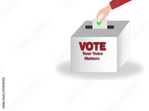 Vote your voice matters. Hand puts voting ballot in box