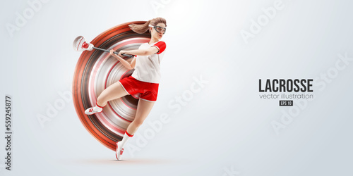 Realistic silhouette of a lacrosse player on white background. Lacrosse player woman are throws the ball. Vector illustration