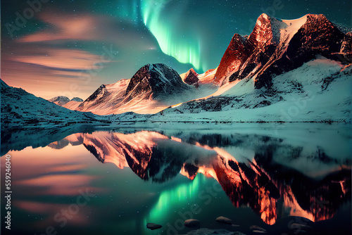 Aurora Borealis Norway. Northen lights mountains with Generative AI