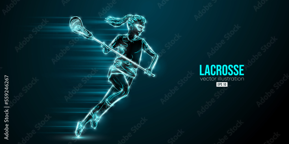 Abstract silhouette of a lacrosse player on black background. Lacrosse player woman are throws the ball. Vector illustration
