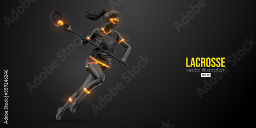 Abstract silhouette of a lacrosse player on black background. Lacrosse player woman are throws the ball. Vector illustration