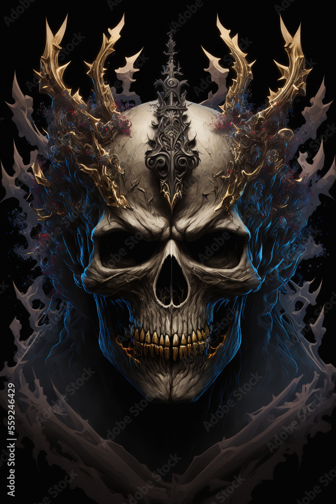 king of shadows, skeleton, skull, horror, evil, demon, zombie, ghost, art illustration