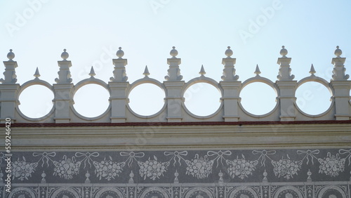 castle decoration elements. Gothic arches against the background of the sky. Elements of architecture, ancient arches, columns, windows and openings