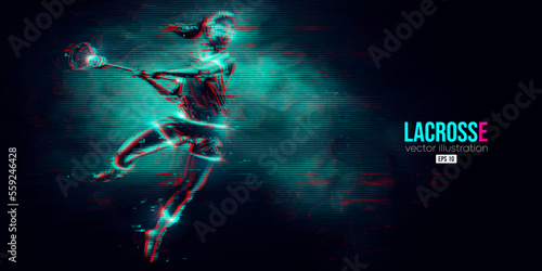 Abstract silhouette of a lacrosse player on black background. Lacrosse player woman are throws the ball. Vector illustration