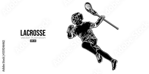 Abstract silhouette of a lacrosse player on white background. Lacrosse player man are throws the ball. Vector illustration