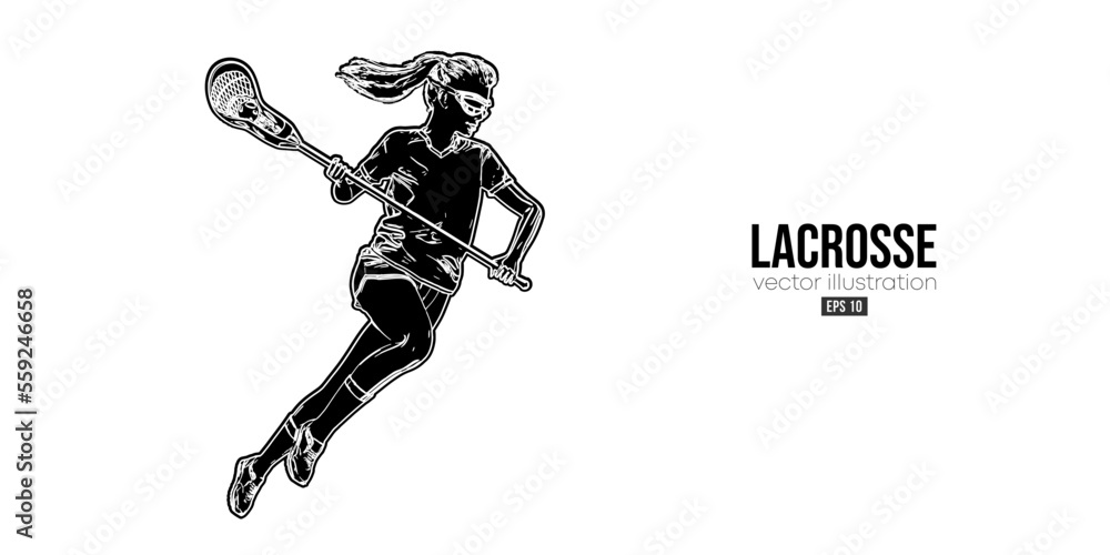 Abstract silhouette of a lacrosse player on white background. Lacrosse player woman are throws the ball. Vector illustration Abstract silhouette of a lacrosse player on white background. Lacrosse player woman are throws the ball. Vector illustration