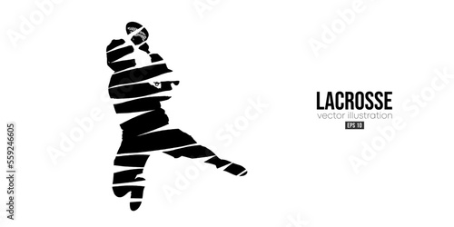 Abstract silhouette of a lacrosse player on white background. Lacrosse player man are throws the ball. Vector illustration