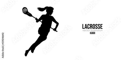 Abstract silhouette of a lacrosse player on white background. Lacrosse player woman are throws the ball. Vector illustration