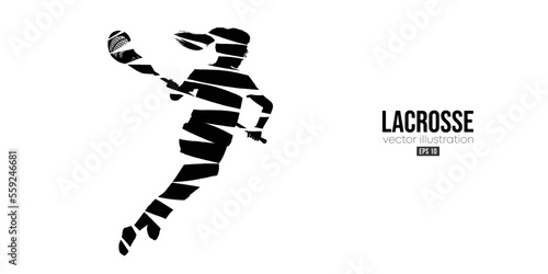 Abstract silhouette of a lacrosse player on white background. Lacrosse player woman are throws the ball. Vector illustration