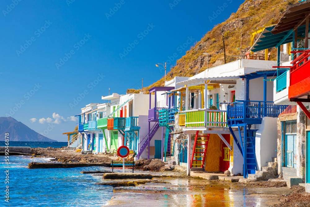 Naklejka premium Vibrant fishing village of Klima with white houses and colorful doors on Milos Island in Greece