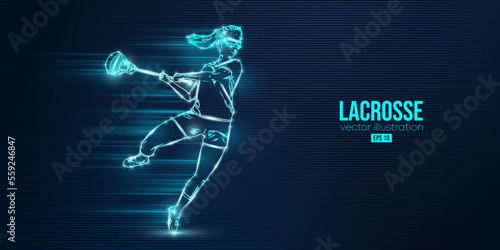 Abstract silhouette of a lacrosse player on blue background. Lacrosse player woman are throws the ball. Vector illustration