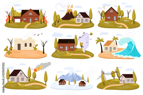 Natural disasters flat icons set. Catastrophic events. Tsunami, earthquake, tornado and big fire. Dangerous weather