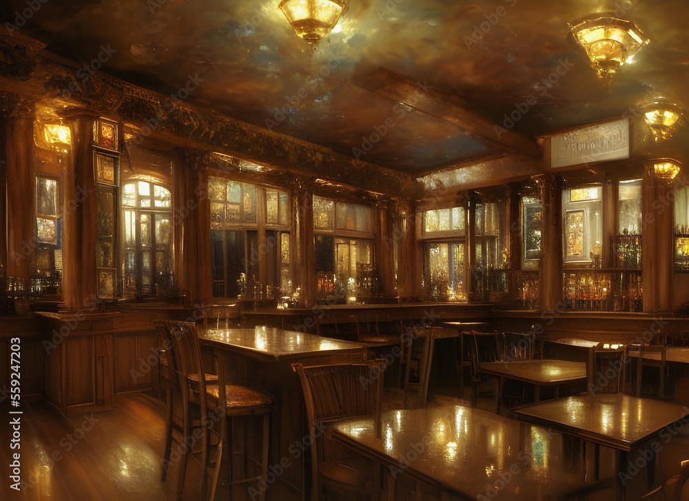 Atmospheric painting of the interior of am old fashioned English pub with drinks on display in glass cabinets and lamplight reflected on polished wooden tables. generative ai illustration.