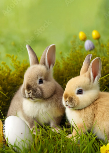 Two little easter bunnies with hidden eggs on a green meadow (Generative AI)