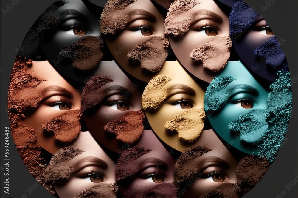 Obraz premium a circle of different colored powders with a woman's face in the center of the circle, with a black background and a black background with a white circle of different colored powders.