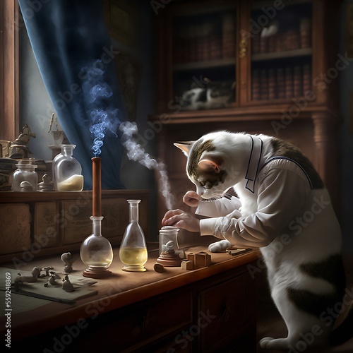 A chemist cat experiments in his laboratory with chemical reagents. Smart looking Cat scientist. Generative AI. Creative digital painting.