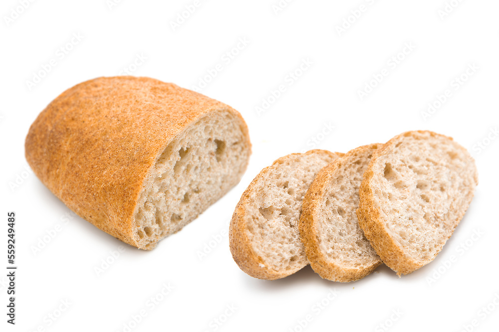 Half and slices ciabatta ( Italian bread ) isolated on white background. Copy space.	