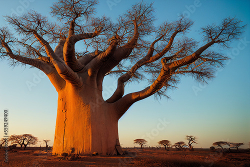Fényképezés baobab on a dry sandy savannah in Africa, generative AI