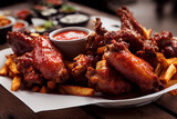 delicious fragrant bbq wings with fries, generative AI