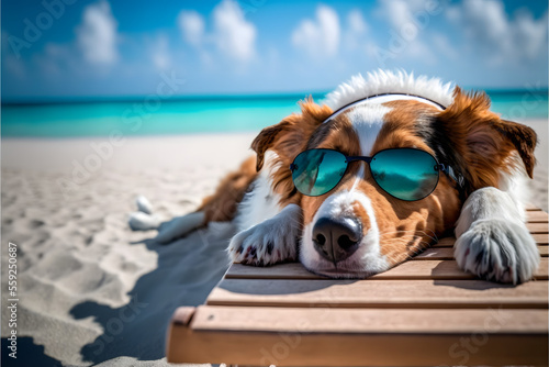 Photographie vacation on maldives, dog with sunglasses. Generative AI