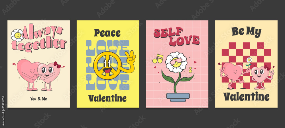 Fototapeta premium Groovy hippie valentine's day poster in trendy retro 60s 70s cartoon style. Vector illustration 