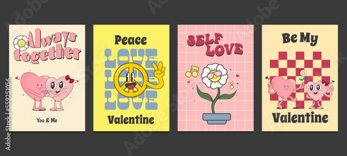 Groovy hippie valentine's day poster in trendy retro 60s 70s cartoon style. Vector illustration 