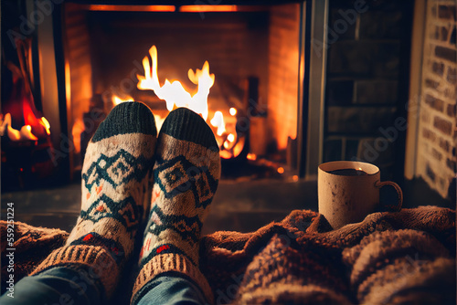 Feets in woollen socks by the Christmas fireplace 8 with Generative AI