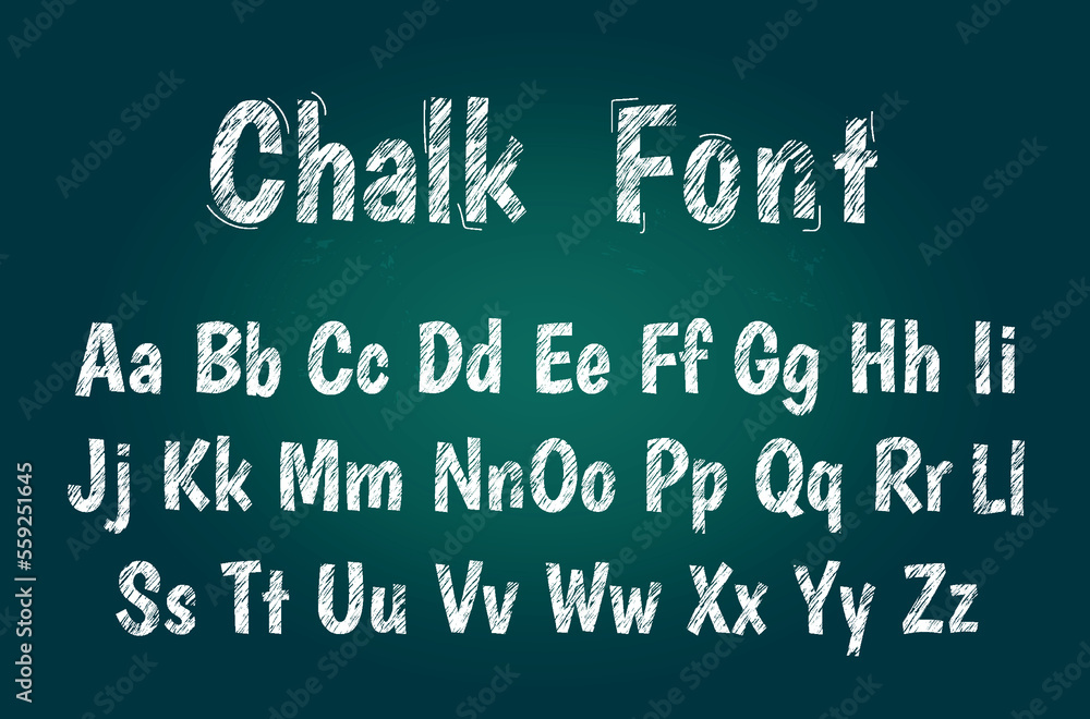 Chalk font set. Collection of graphic elements for website. Education and learning, inscriptions, text and letters on school board. Cartoon flat vector illustrations isolated on green background