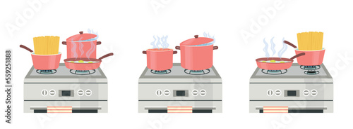 Cooking plate set. Collection of graphic elements for website. Pots and pans with meals and kitchen utensils. Poster or banner. Cartoon flat vector illustrations isolated on white background
